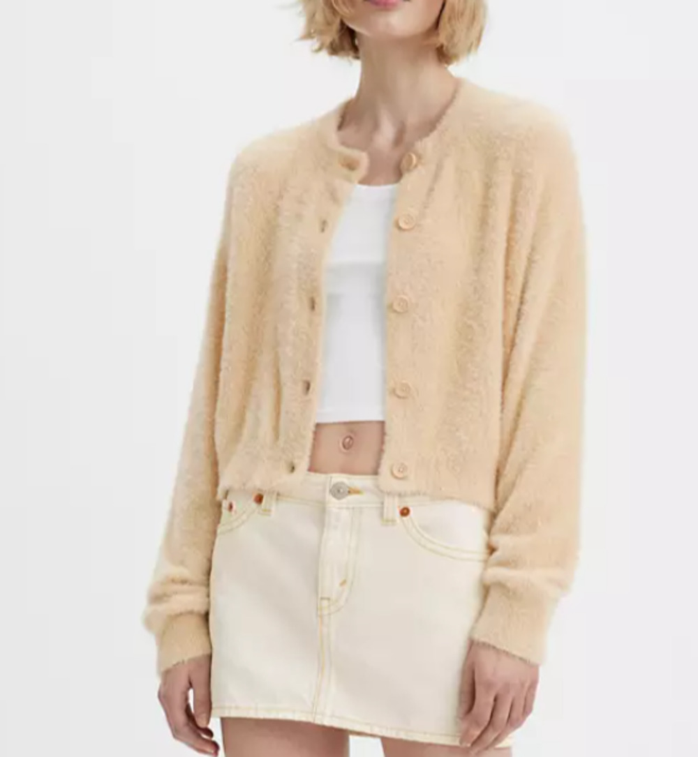 Levi's Fuzzy Knit Cardigan Sweater Cream Beige Cropped Button Front Womens M